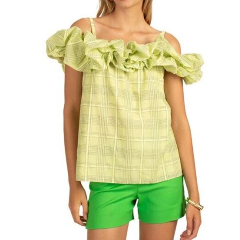 Trina Turk Primrose Ruffled Off The Shoulder Top Plaid Womens Size L NW0T Silk